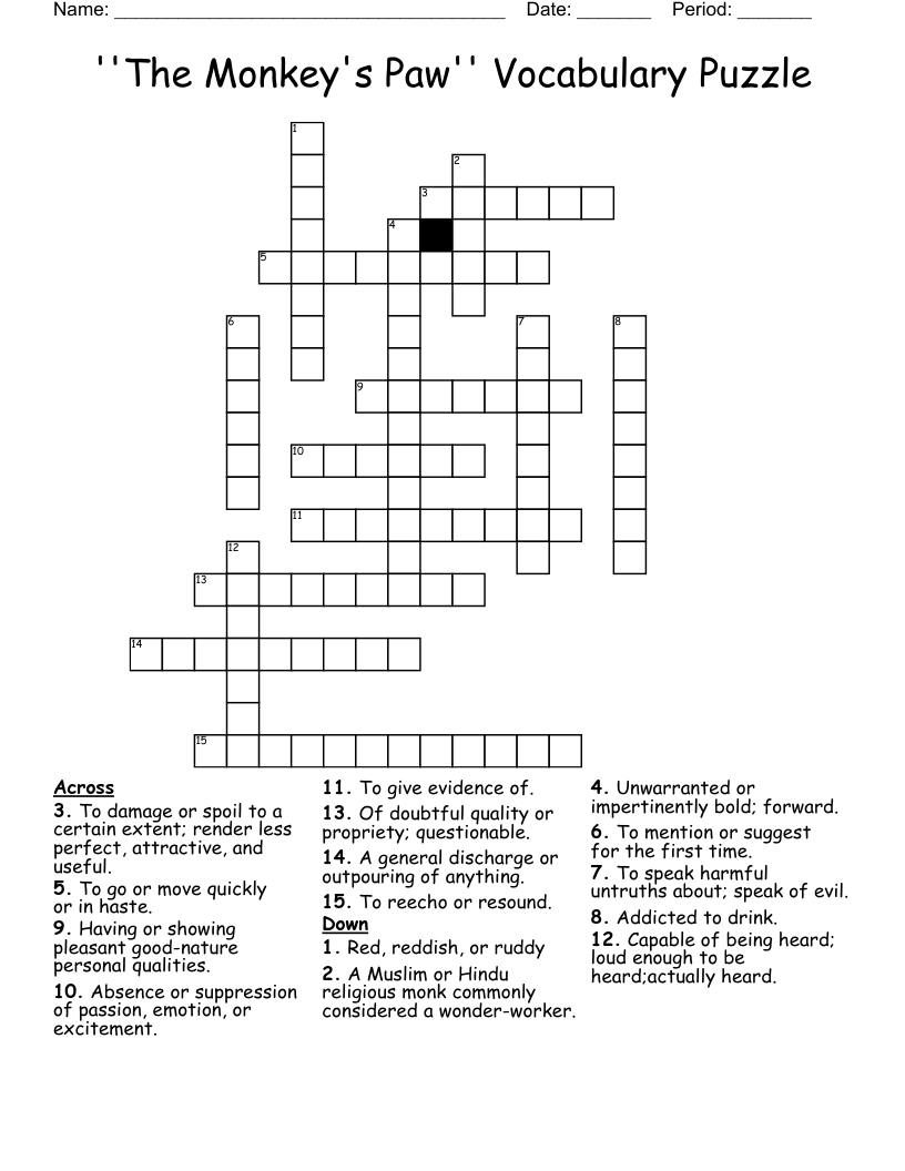 ''The Monkey's Paw'' Vocabulary Puzzle Crossword