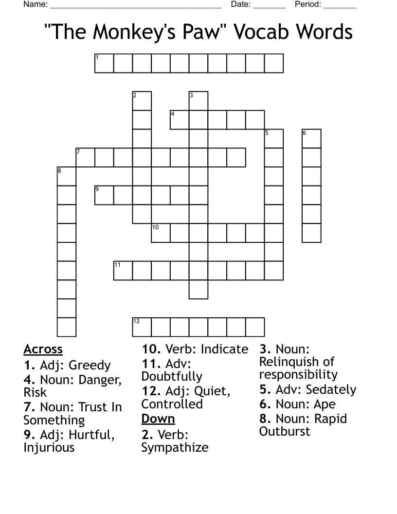"The Monkey's Paw"  Vocab Words Crossword