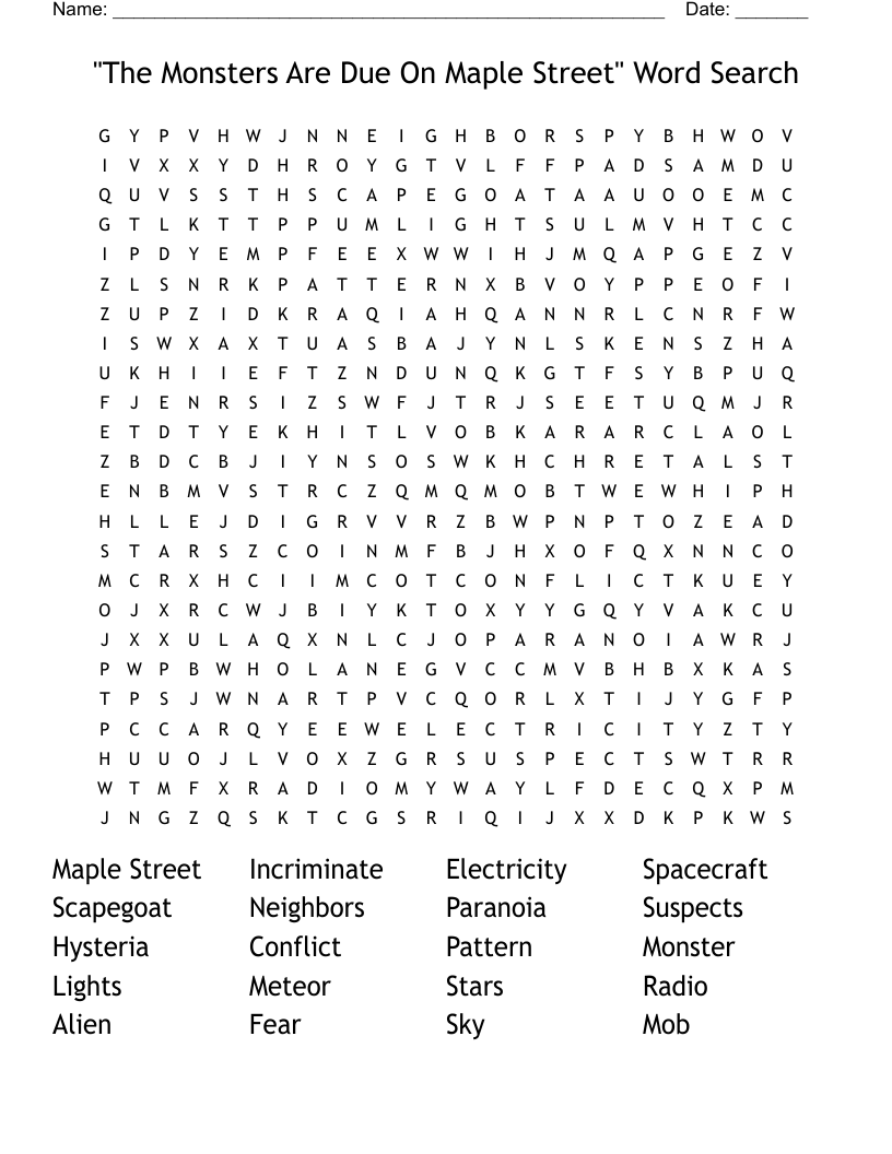 "The Monsters Are Due On Maple Street" Word Search