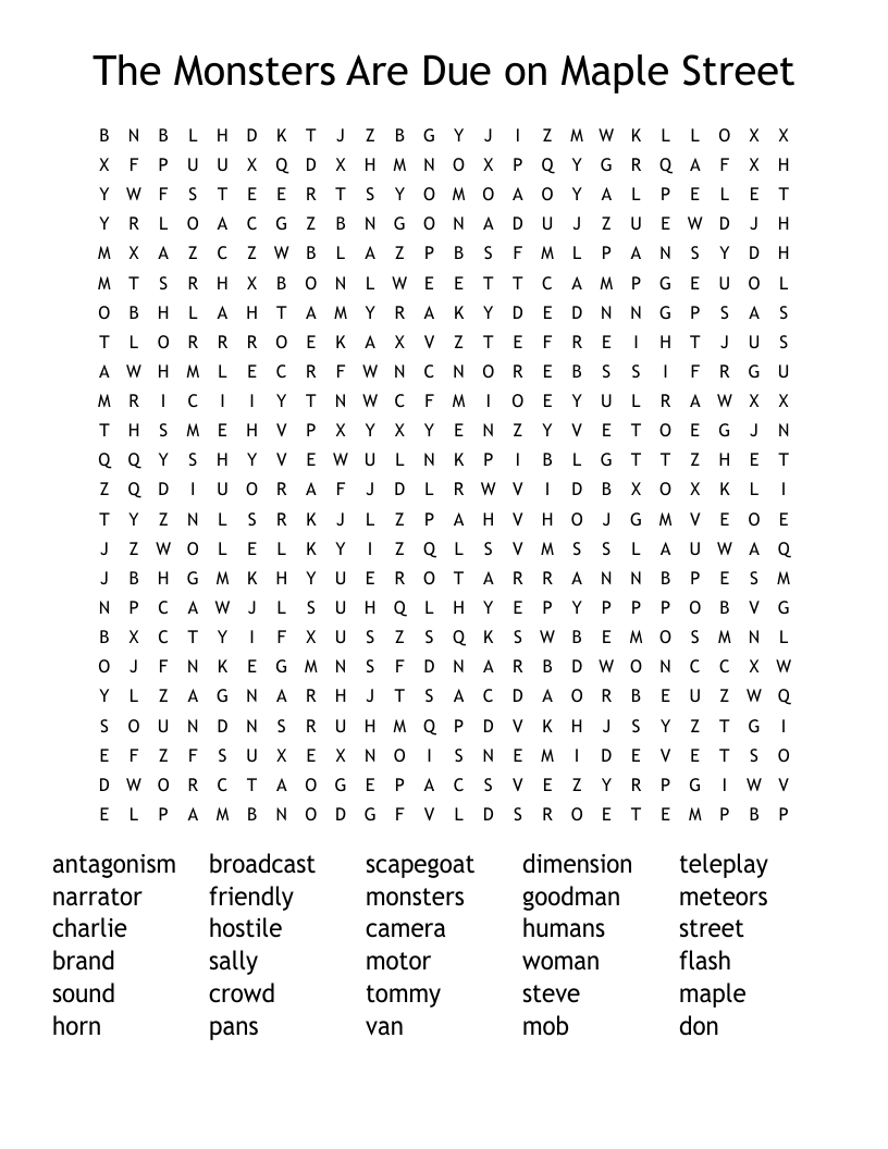 The Monsters Are Due on Maple Street Word Search
