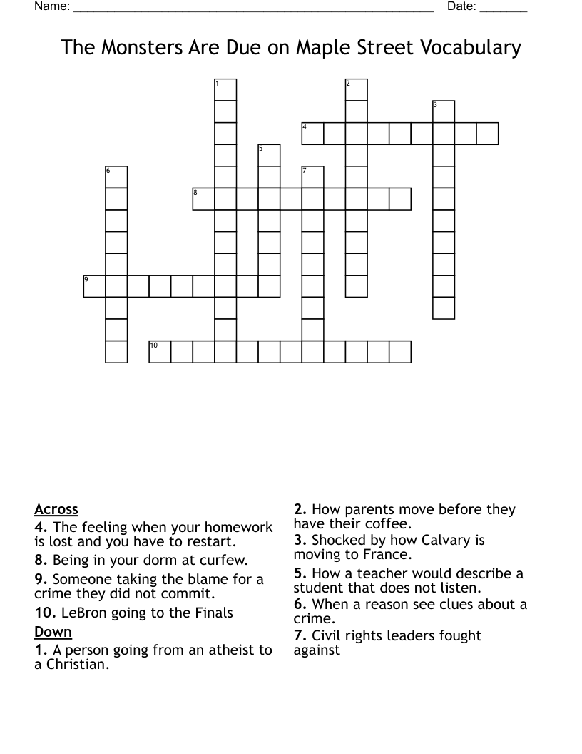 The Monsters Are Due on Maple Street Vocabulary Crossword