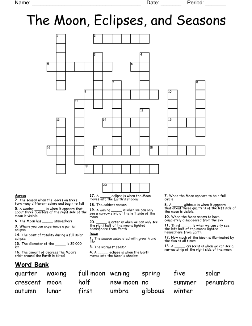 The Moon, Eclipses, and Seasons Crossword