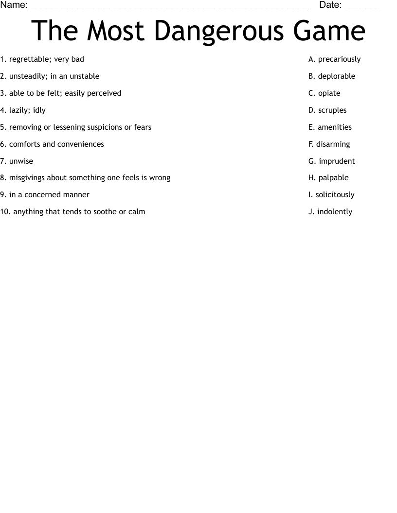 The Most Dangerous Game Worksheet