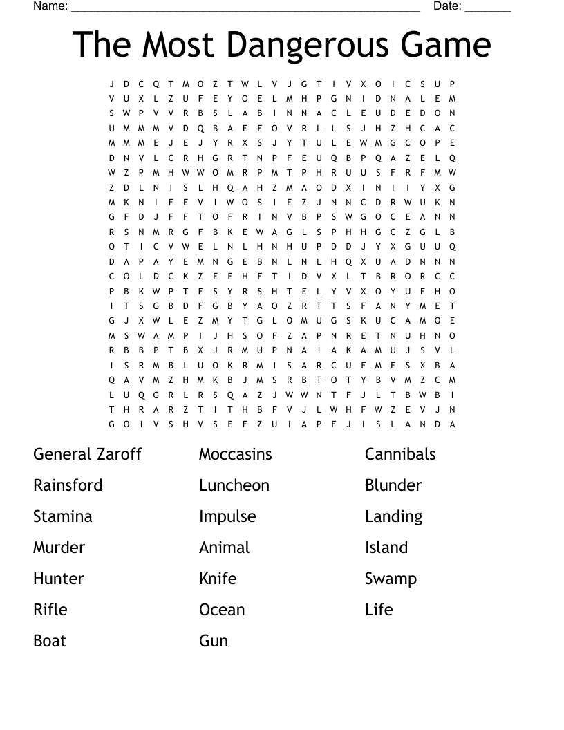The Most Dangerous Game Word Search