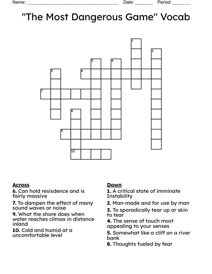 "The Most Dangerous Game" Vocab Crossword