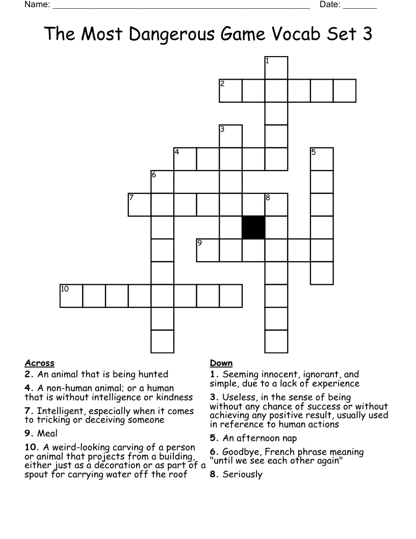 The Most Dangerous Game Vocab Set 3 Crossword
