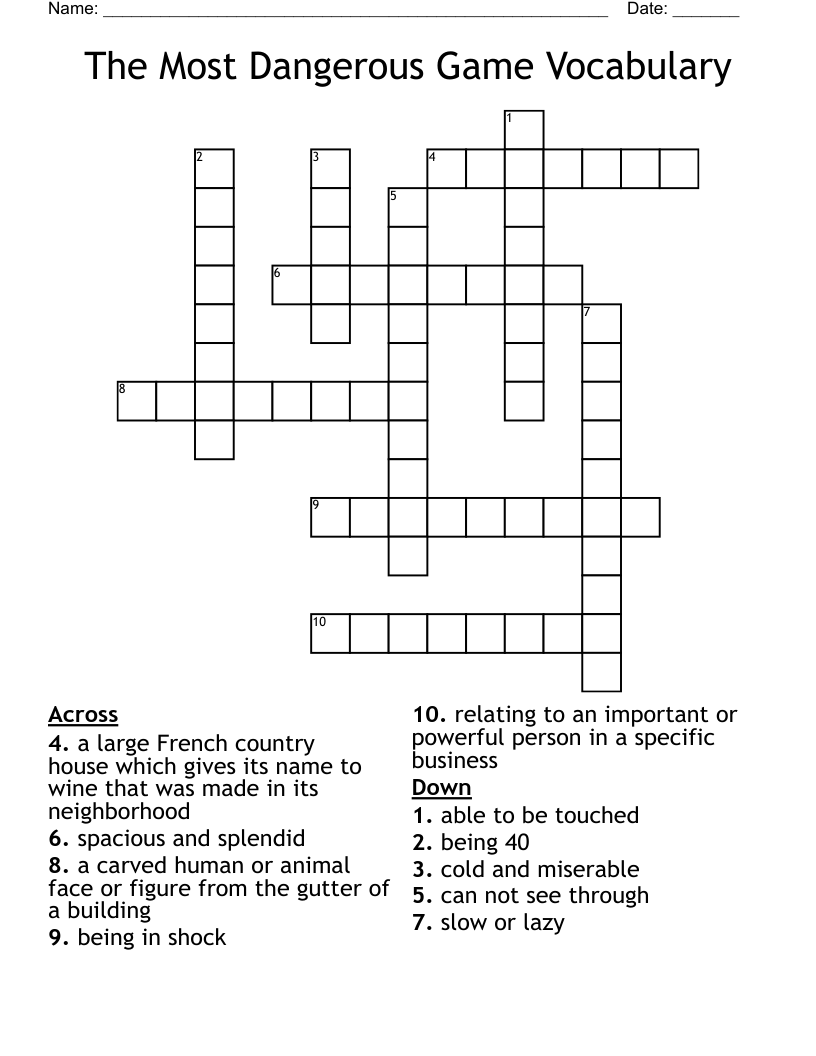 The Most Dangerous Game Vocabulary Crossword