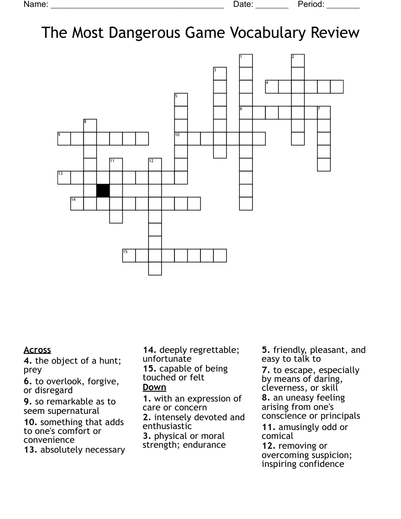 The Most Dangerous Game Vocabulary Review Crossword