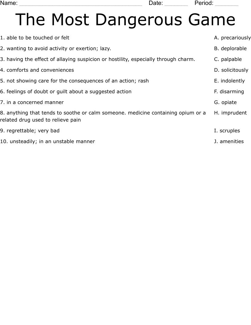 The Most Dangerous Game  Worksheet