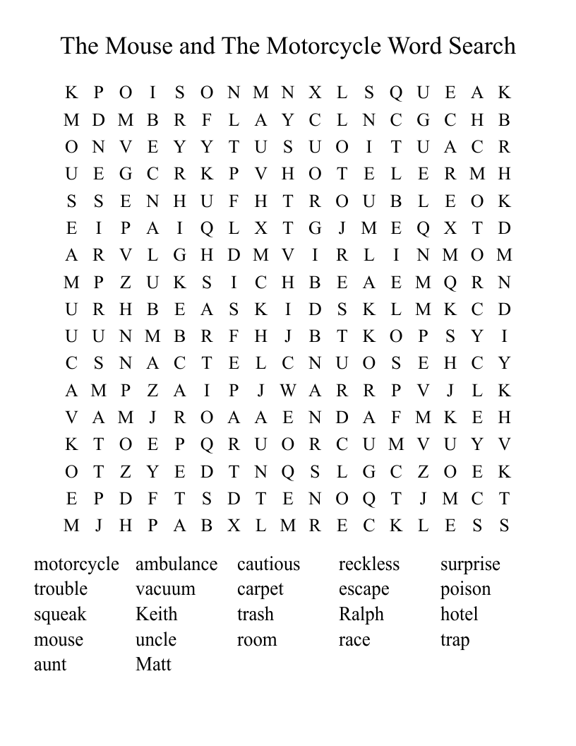 The Mouse and The Motorcycle Word Search