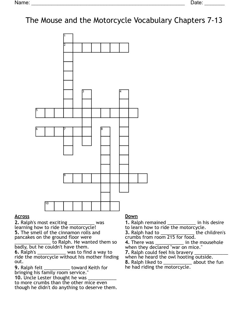 The Mouse and the Motorcycle Vocabulary Chapters 7-13 Crossword