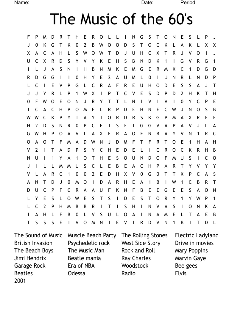 The Music of the 60's Word Search