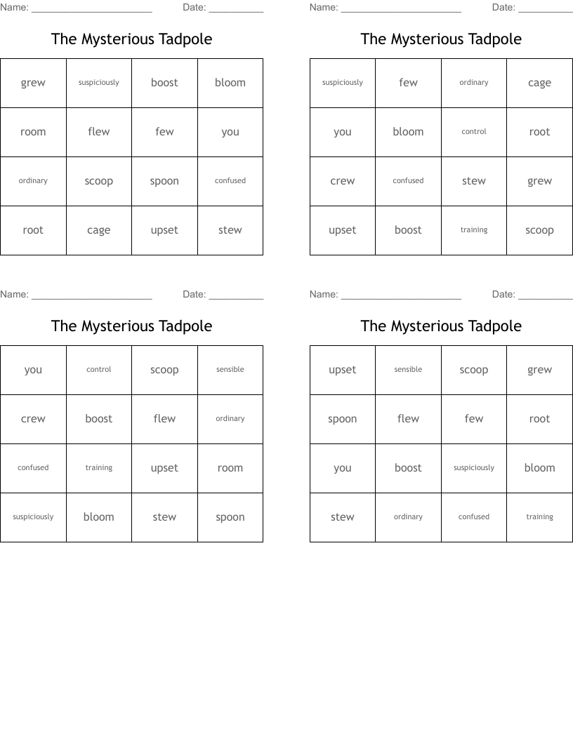 The Mysterious Tadpole Bingo Cards