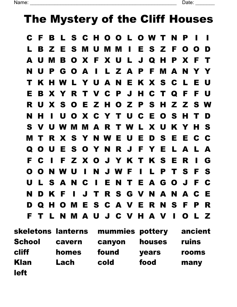 The Mystery of the Cliff Houses Word Search