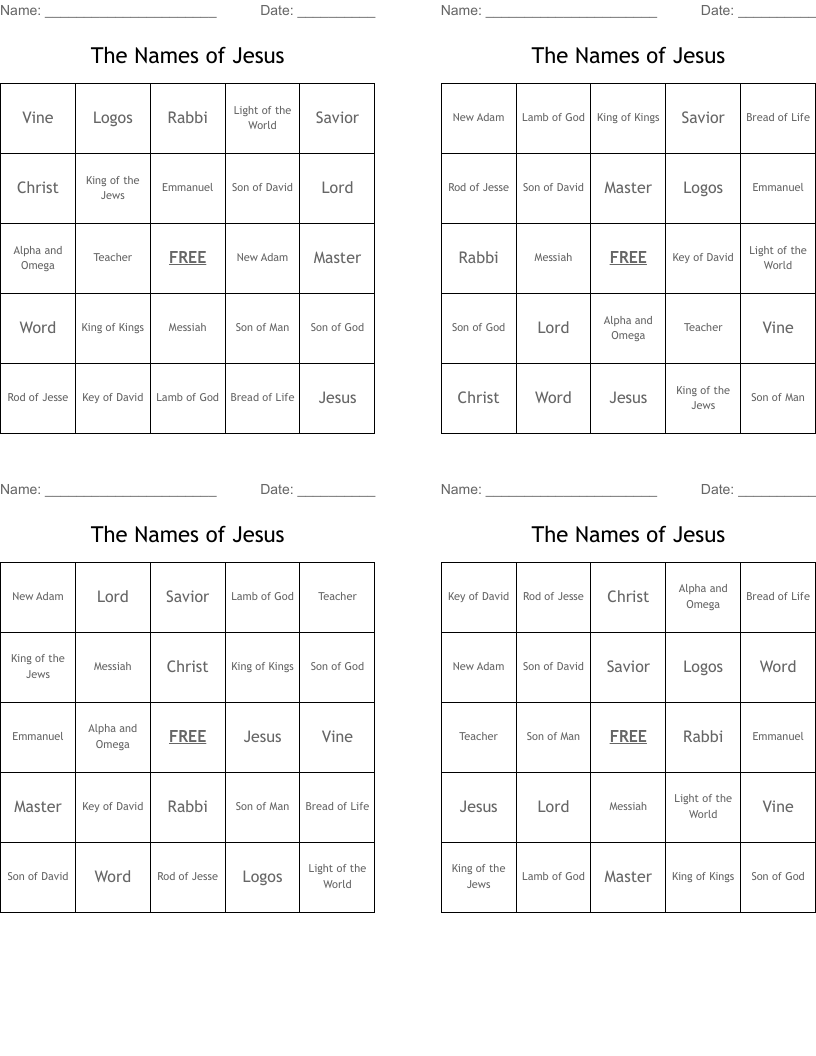 The Names of Jesus Bingo Cards