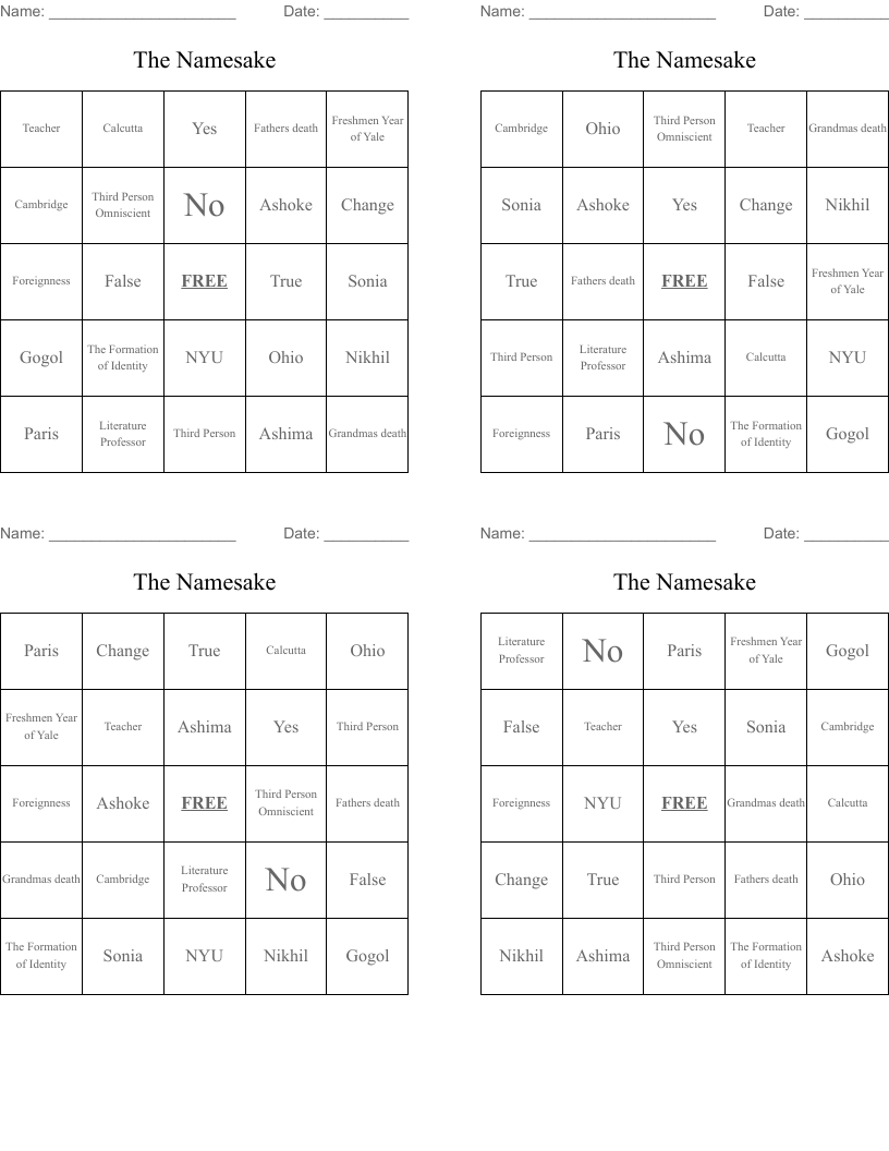 The Namesake Bingo Cards
