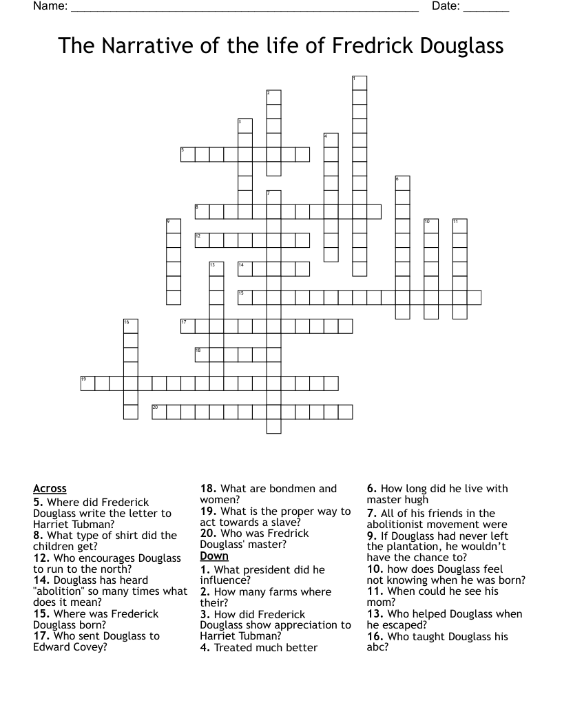 The Narrative of the life of Fredrick Douglass Crossword