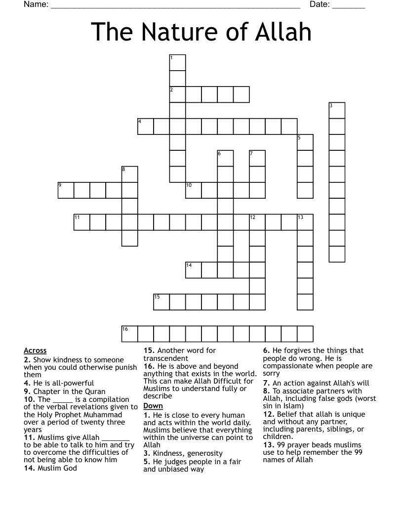 The Nature of Allah Crossword
