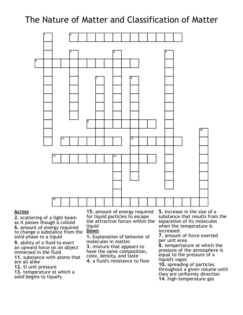 The Nature of Matter and Classification of Matter Crossword