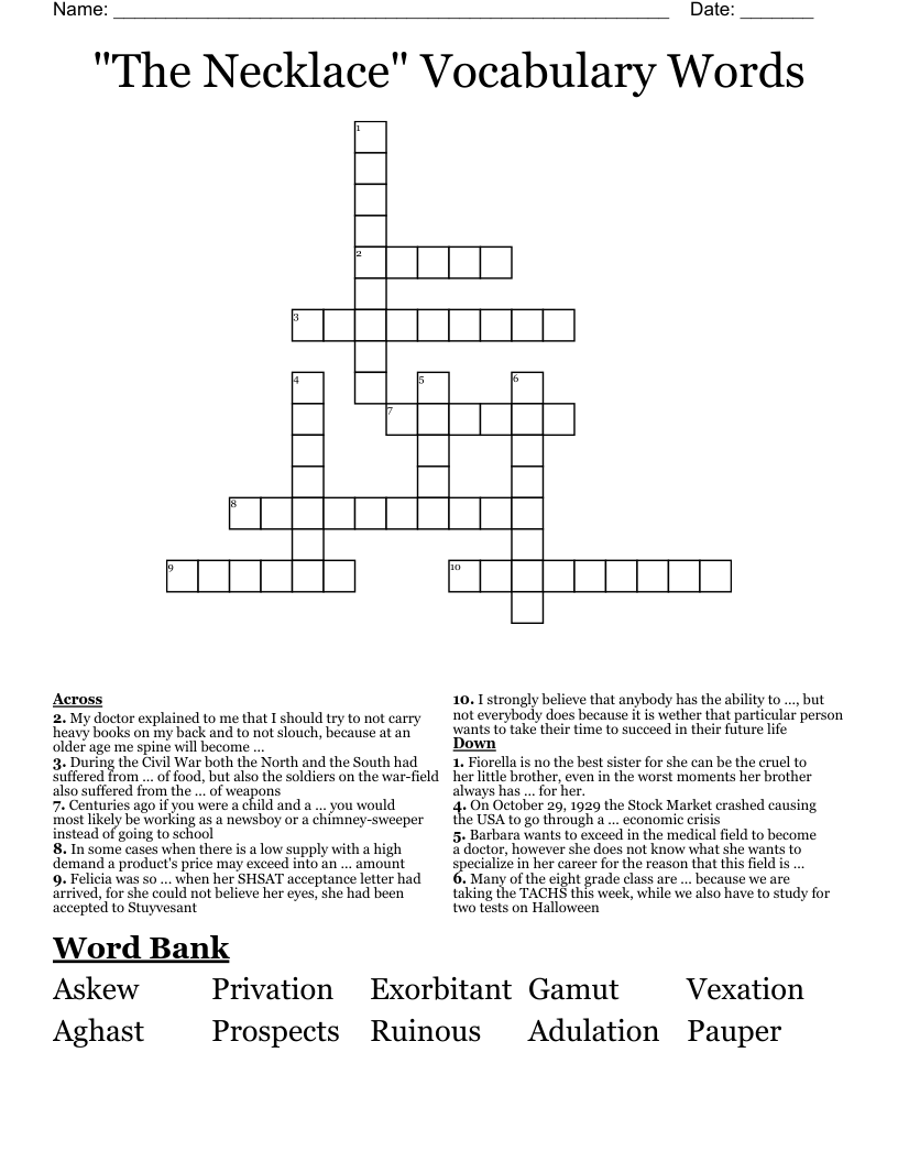 "The Necklace" Vocabulary Words Crossword