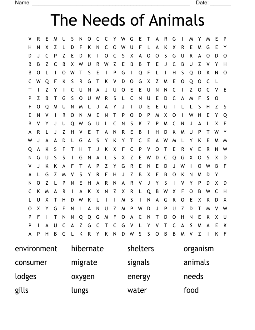 The Needs of Animals Word Search