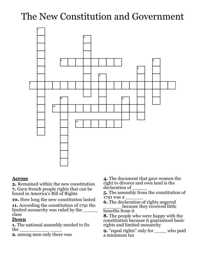The New Constitution and Government Crossword