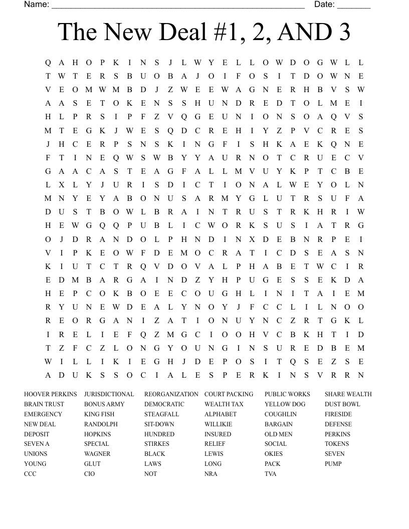 The New Deal #1, 2, AND 3 Word Search