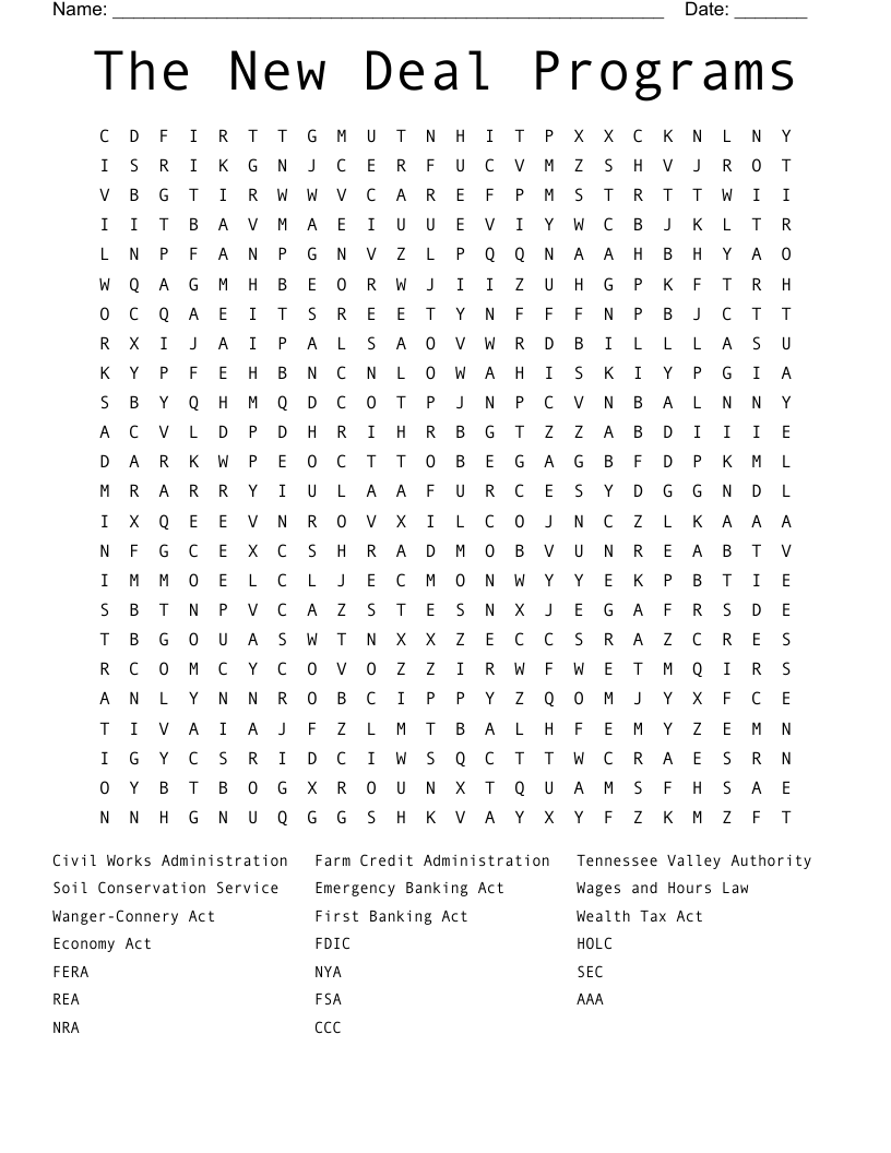 The New Deal Programs Word Search