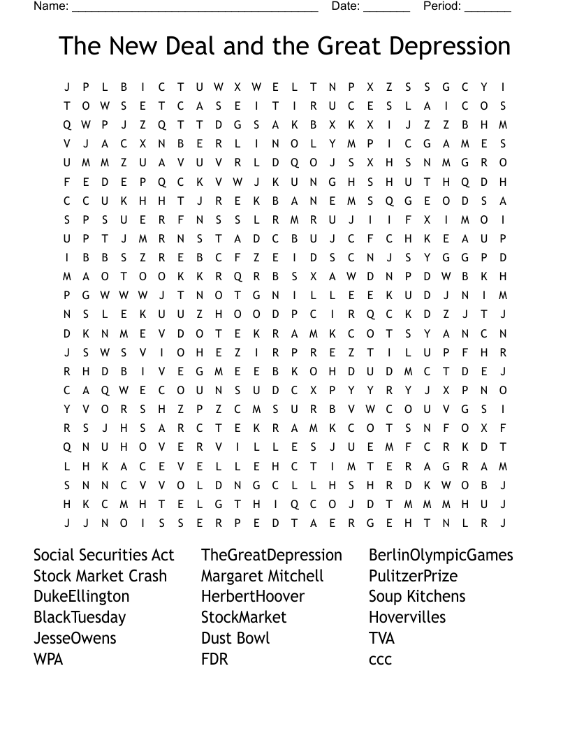 The New Deal and the Great Depression Word Search