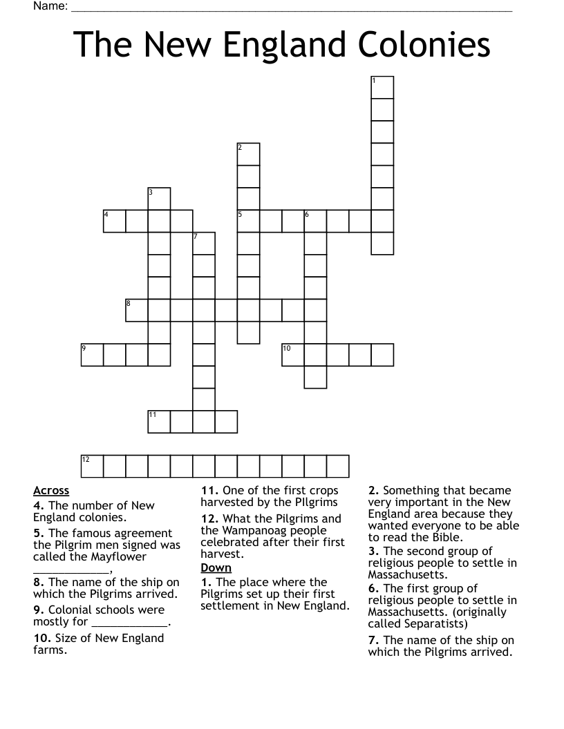 The New England Colonies Crossword