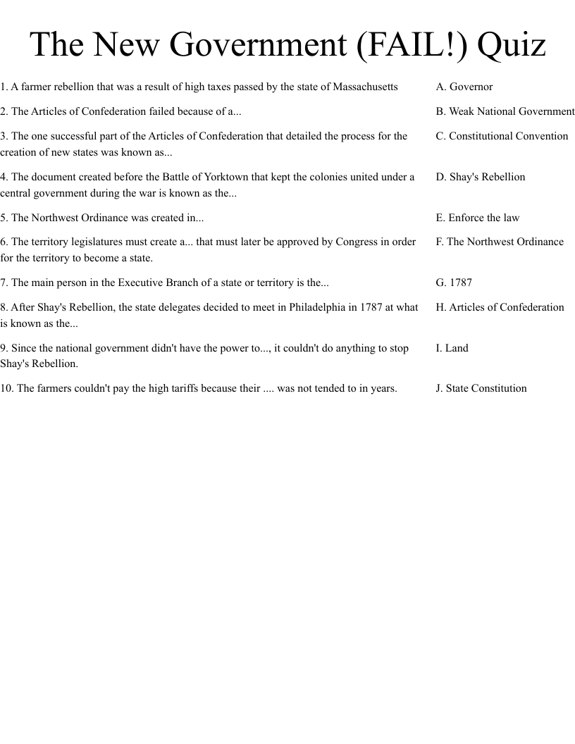 The New Government (FAIL!) Quiz Worksheet
