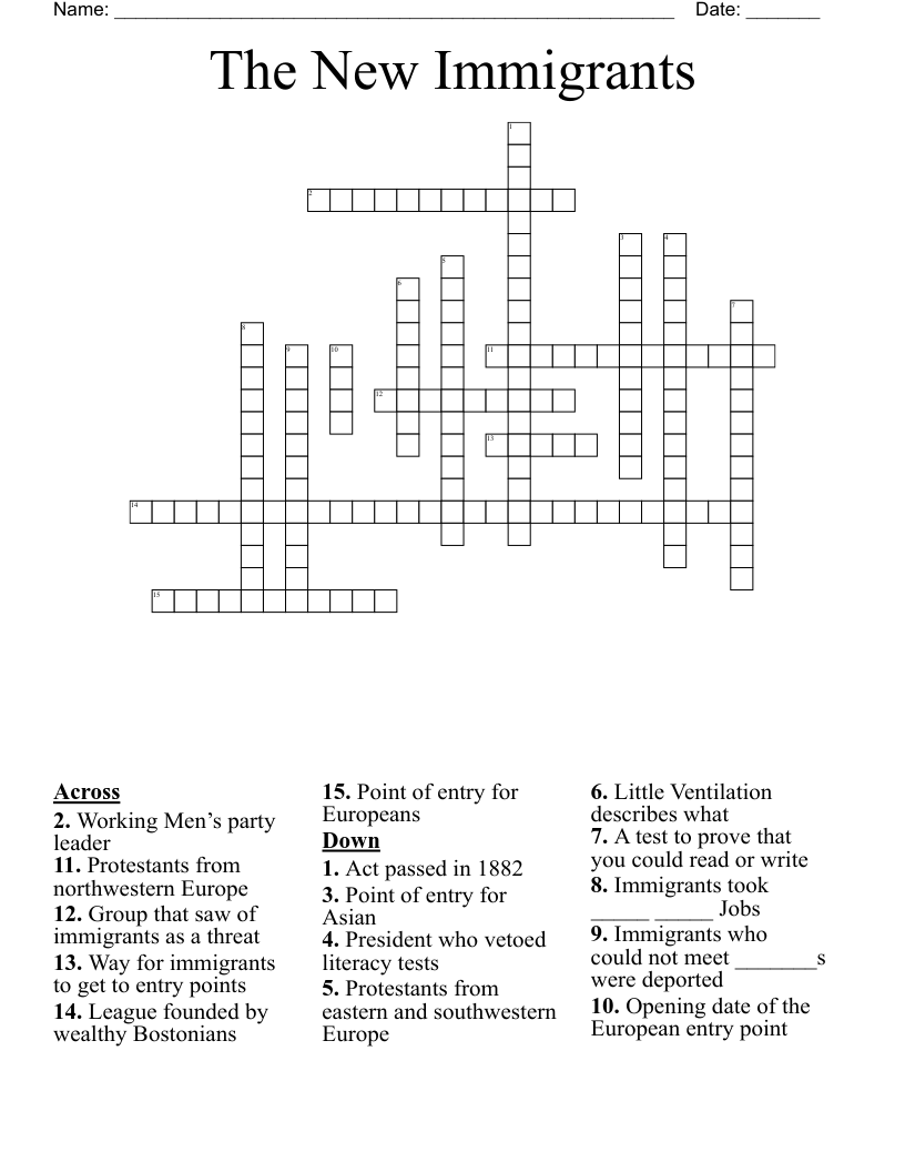 The New Immigrants Crossword
