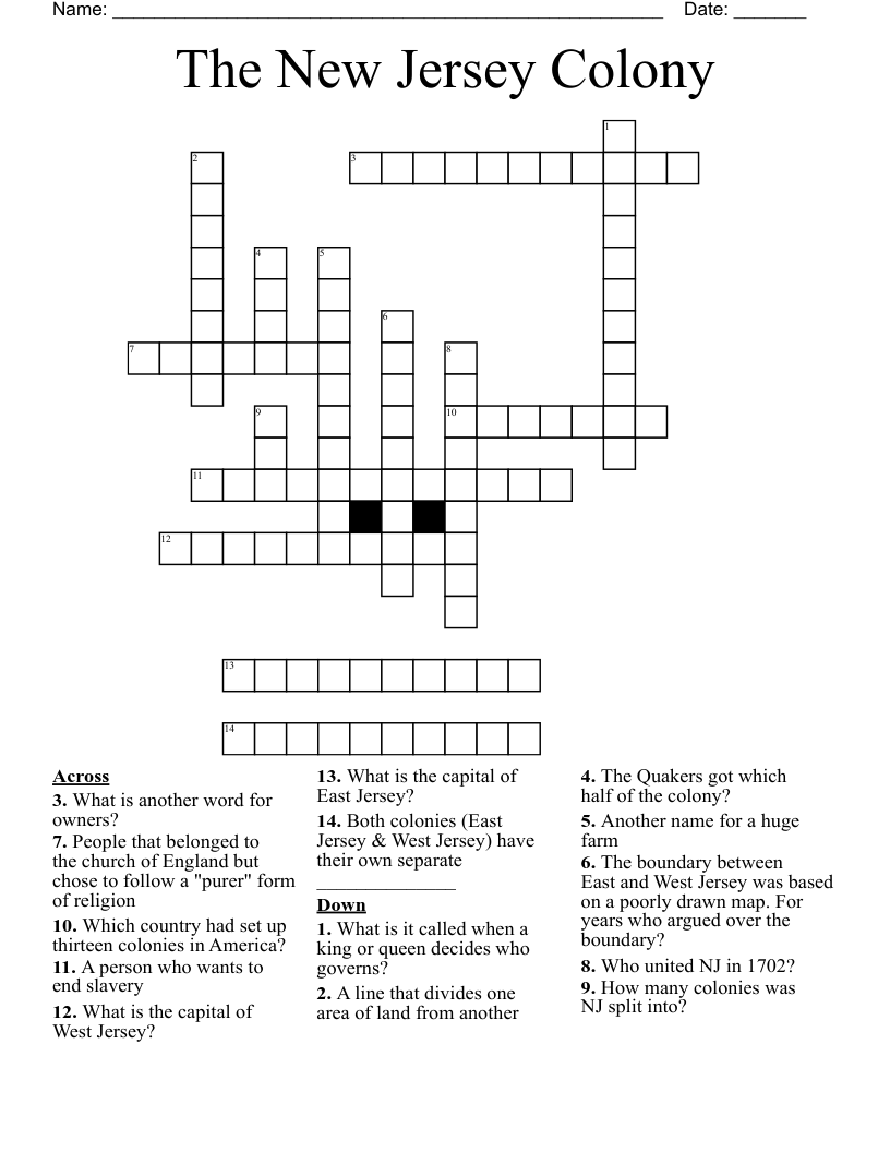 The New Jersey Colony  Crossword