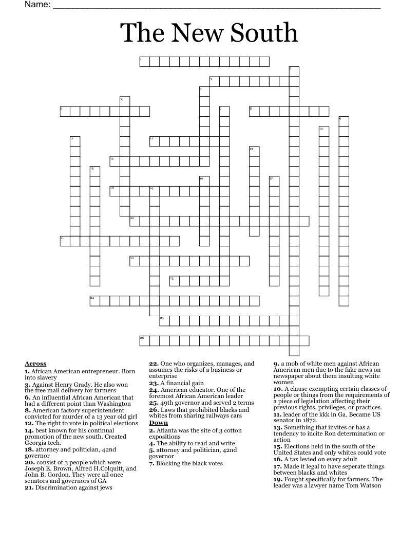 The New South  Crossword