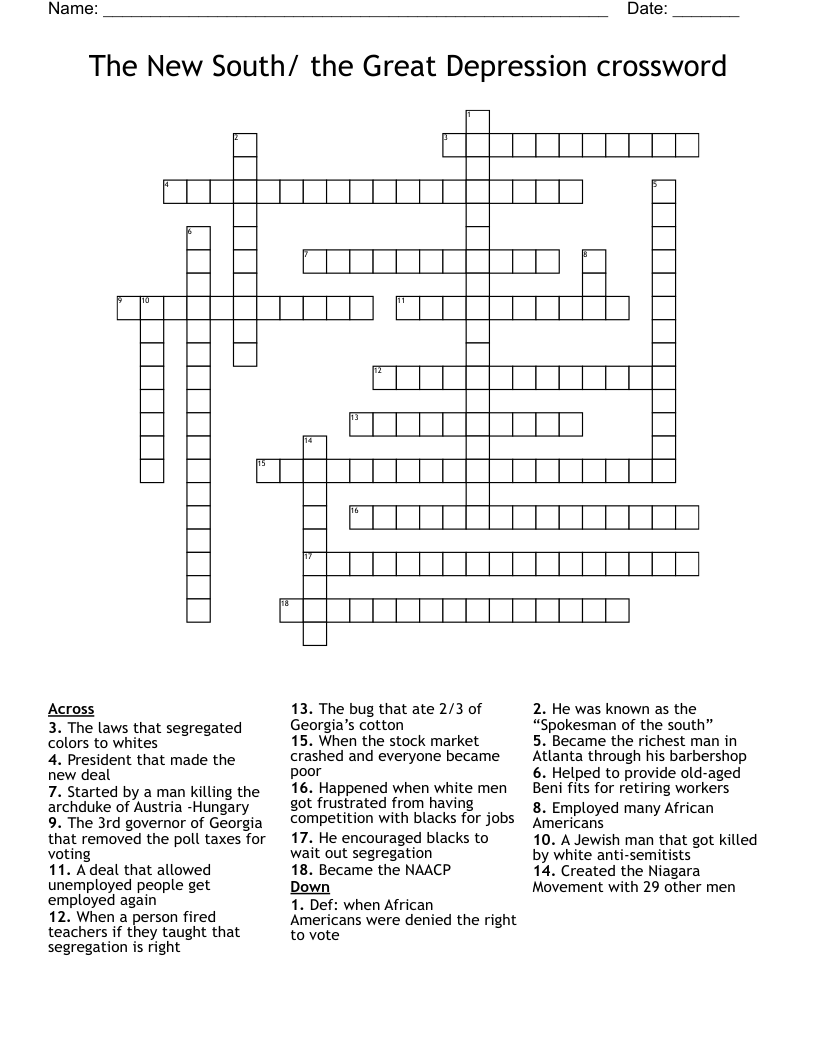 The New South/ the Great Depression crossword 