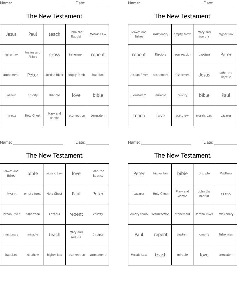 The New Testament Bingo Cards