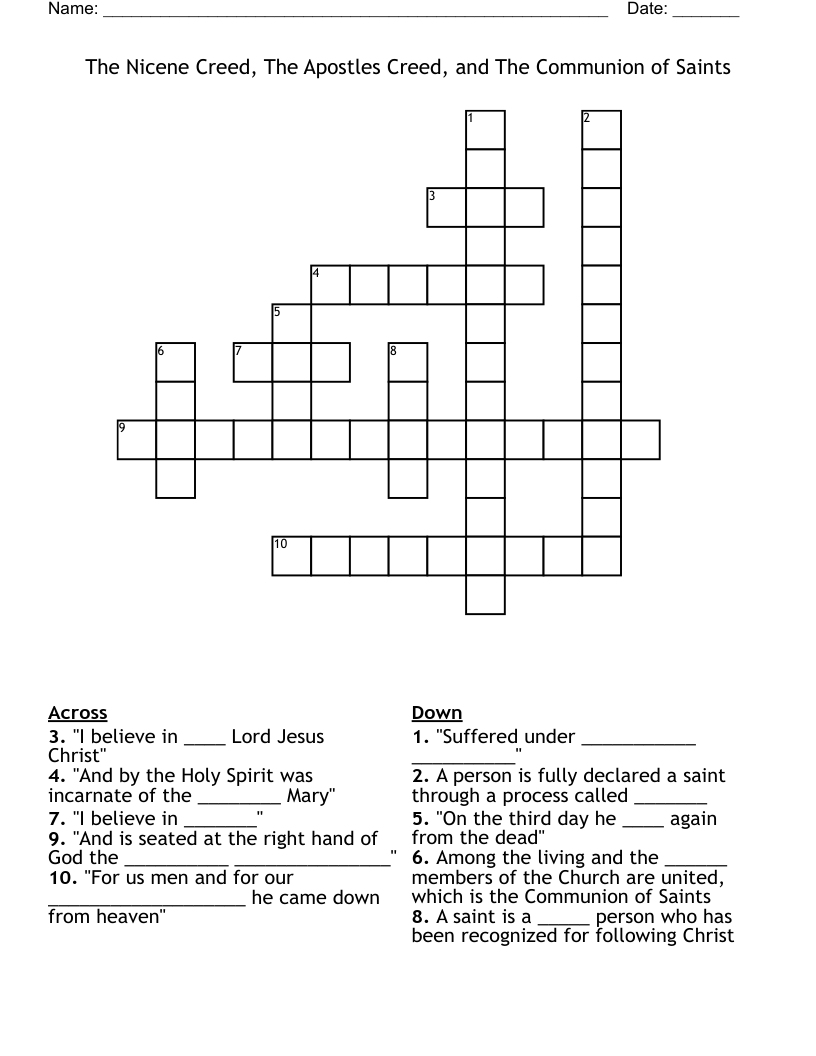 The Nicene Creed, The Apostles Creed, and The Communion of Saints Crossword