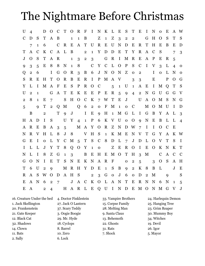 The Nightmare Before Christmas Word Search