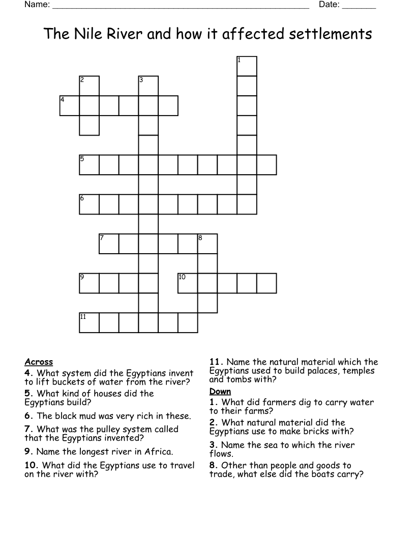 The Nile River and how it affected settlements Crossword