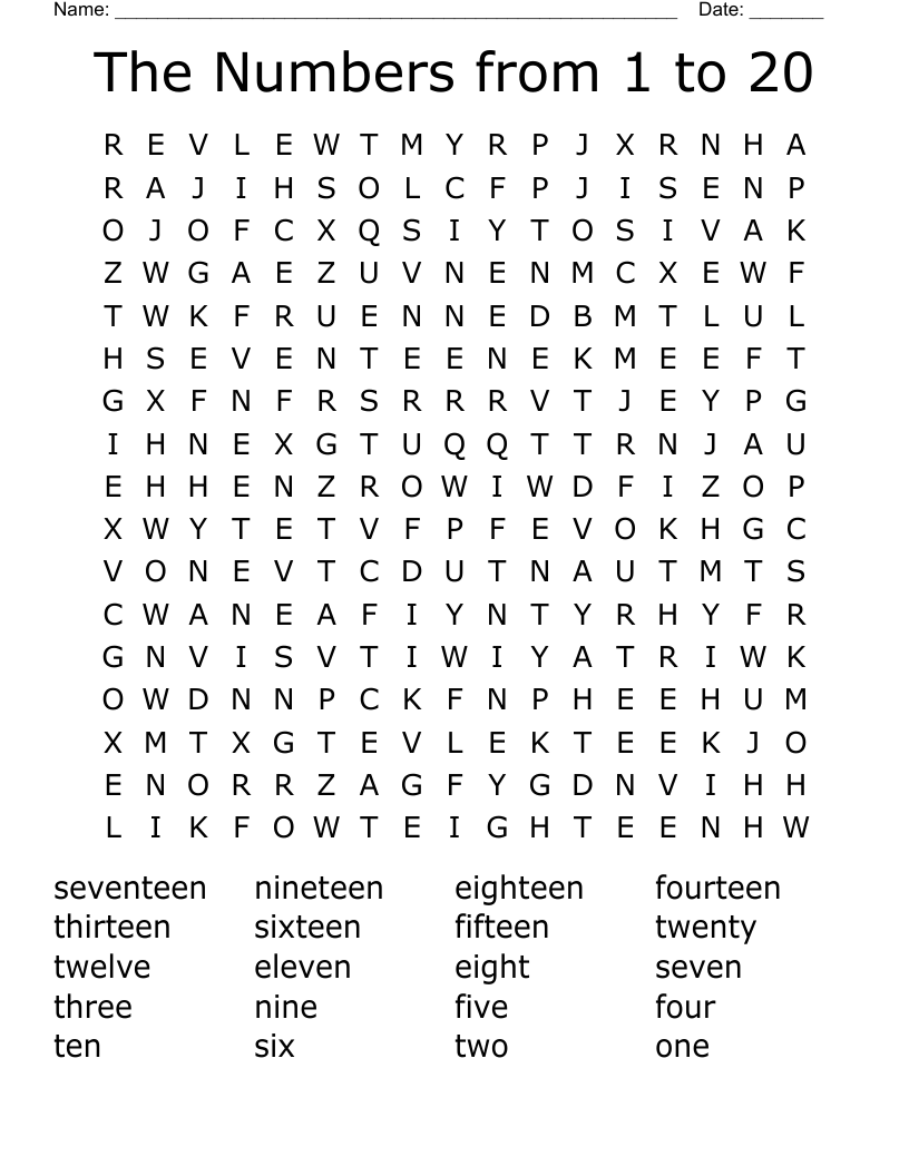 The Numbers from 1 to 20 Word Search