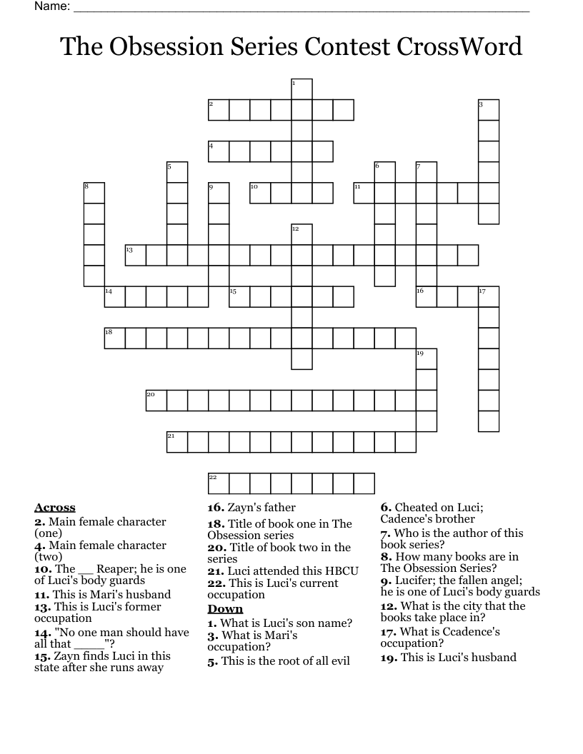 The Obsession Series Contest CrossWord