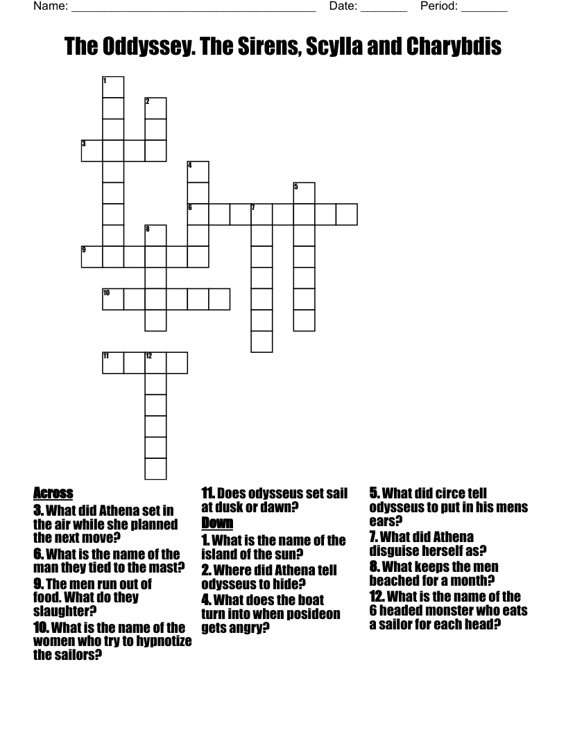 The Oddyssey.    The Sirens, Scylla and Charybdis Crossword