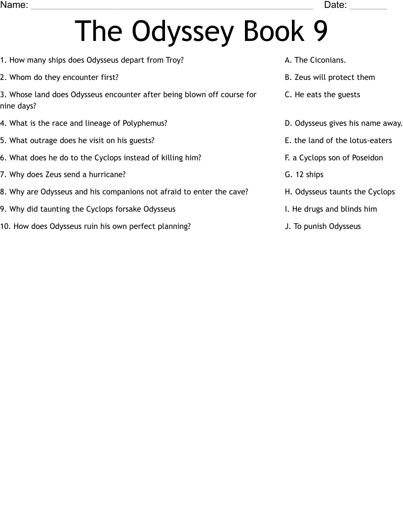 The Odyssey Book 9 Worksheet