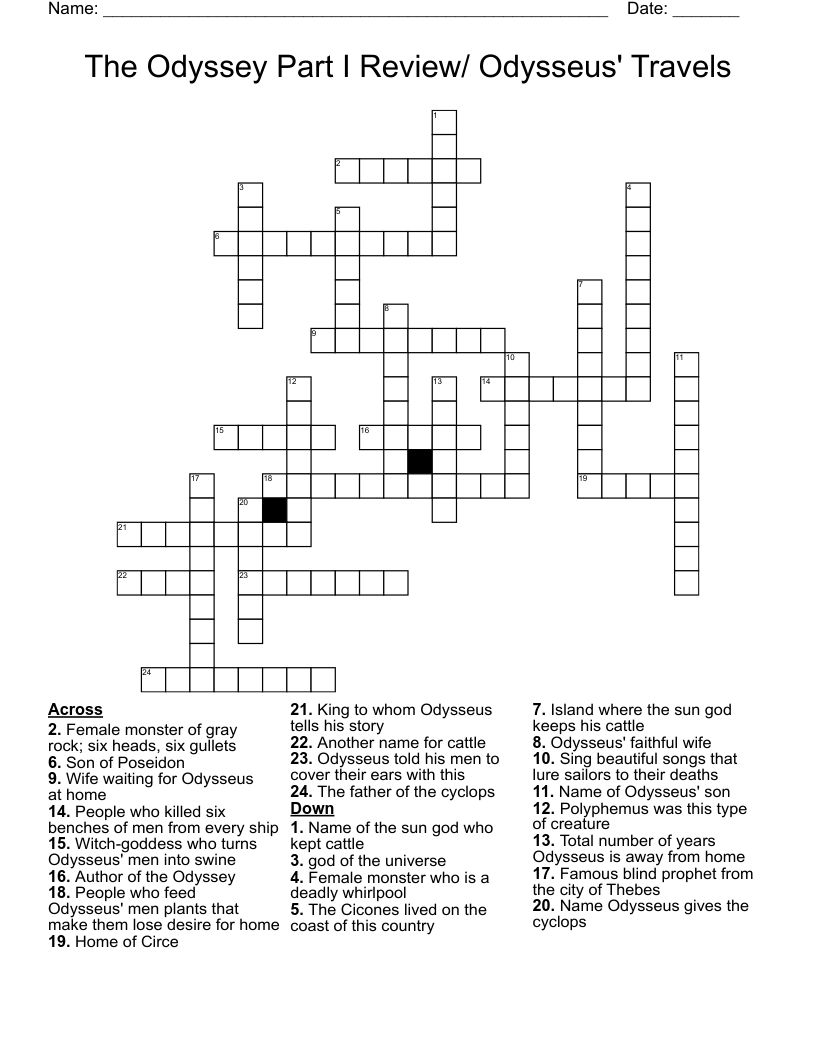 The Odyssey Part I Review/ Odysseus' Travels Crossword