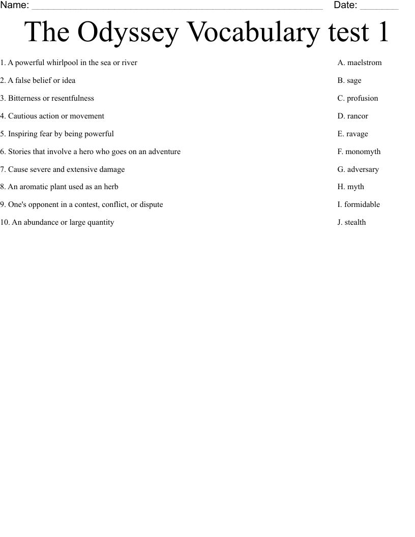The Odyssey Vocabulary test 1 Worksheet