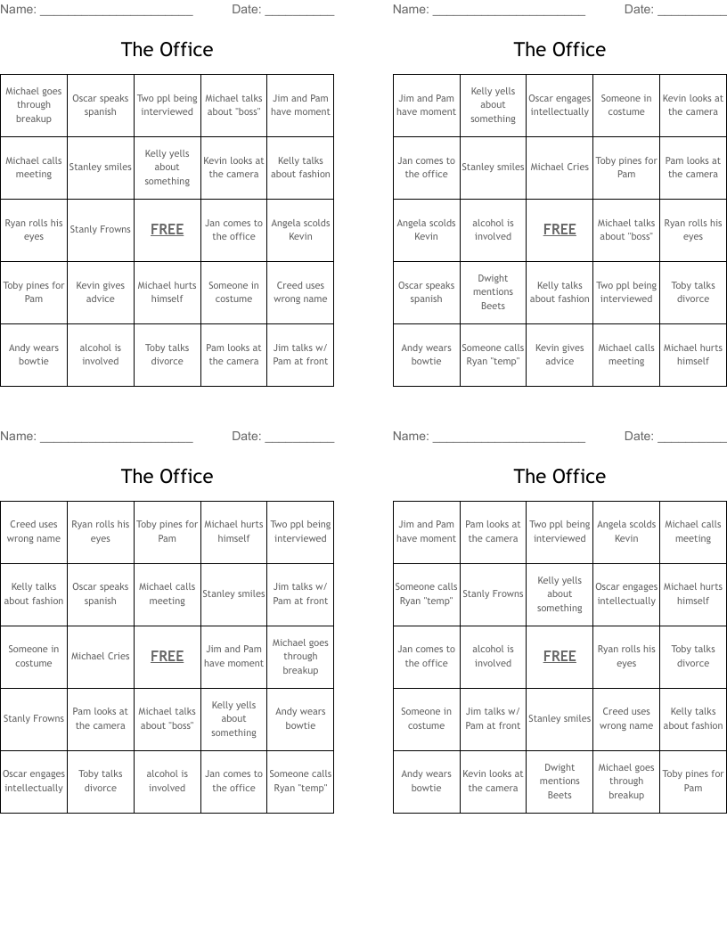 The Office Bingo Cards