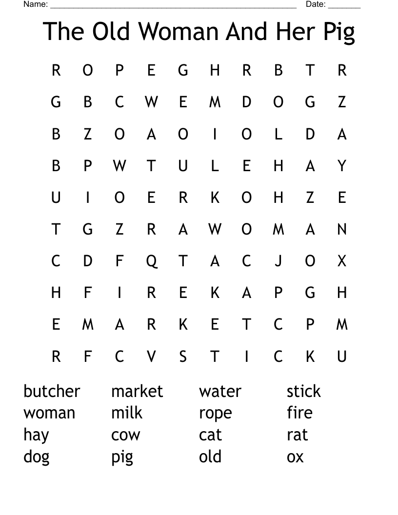 The Old Woman And Her Pig Word Search