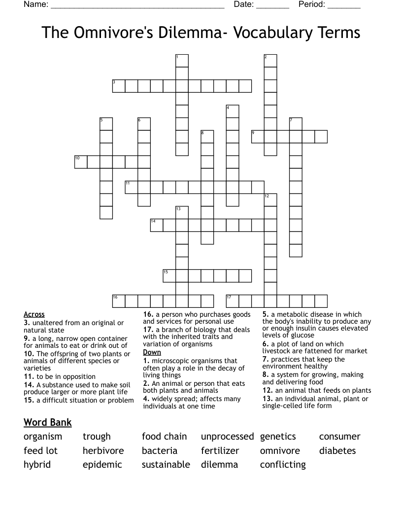 The Omnivore's Dilemma- Vocabulary Terms Crossword