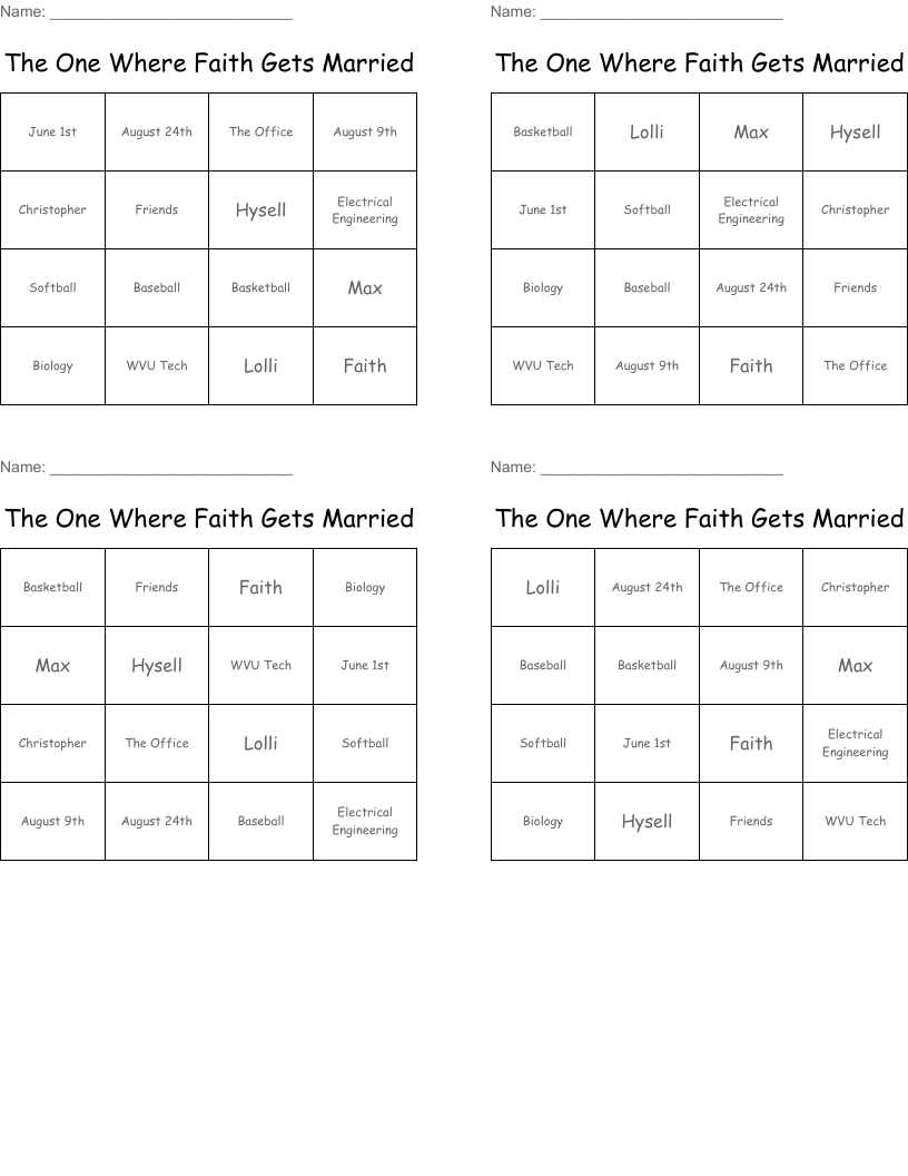 The One Where Faith Gets Married Bingo Cards