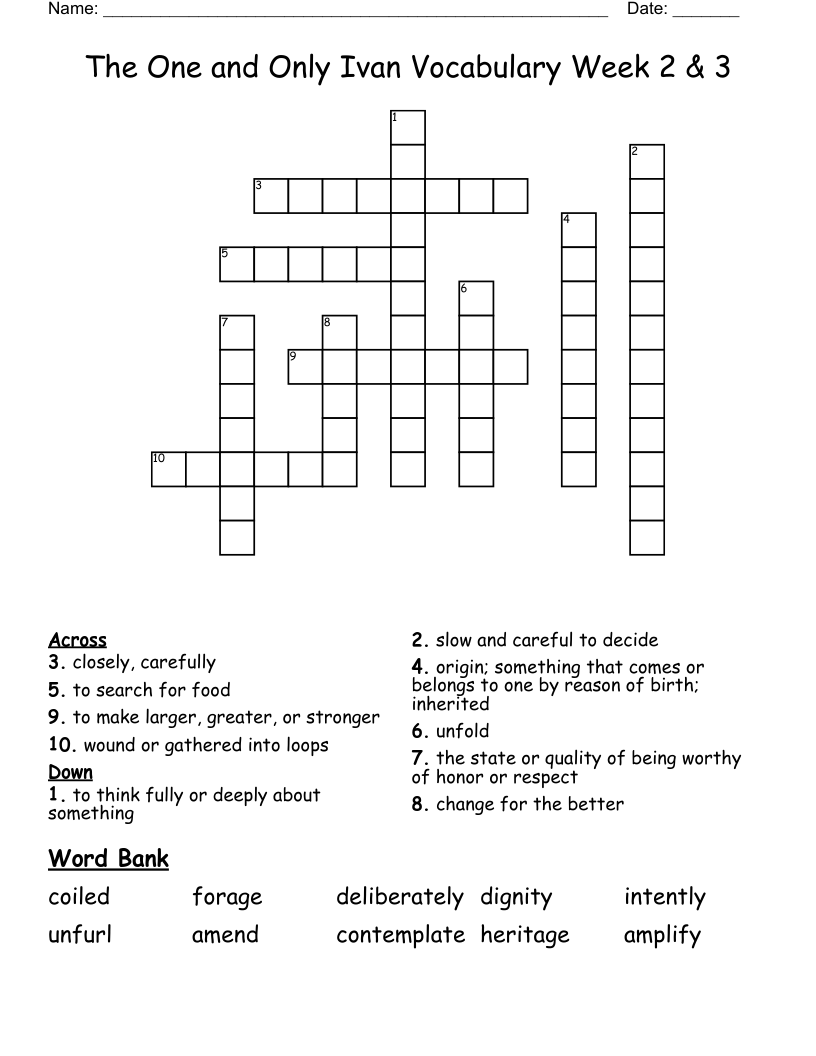 The One and Only Ivan Vocabulary Week 2 & 3 Crossword